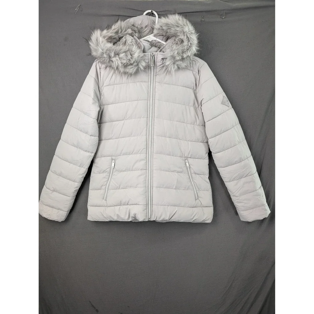 Hollister Puffer Jacket Womens Medium Gray Faux Fur Hood Sherpa Lined